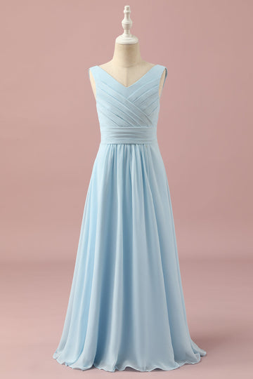 Robe de demoiselle d’honneur junior à col V bleu clair